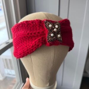 Red Knit Beaded Bow Headband Pearl Embellished Cozy One Size